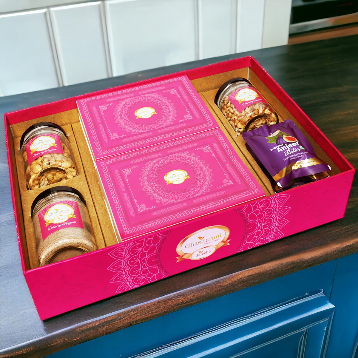 Holi Sweets| Holi Hampers| Holi Gifts Ghasitaram Big Hamper Tray of Sugarfree Gujiyas, Thandai, Peanuts, Wheat Puffs, Sugarfree Bites