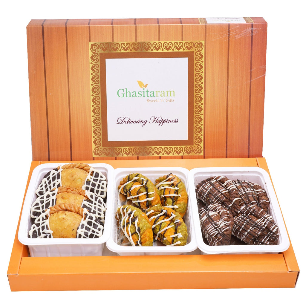 Sweets-Assorted box of Chocolate Gujiyas (chocolate, choco dipped,Designer)