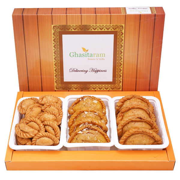 Holi Sweets| Holi Hampers| Holi Gifts-Assorted box of Traditional, Dry Sweet and Farsaan Gujiyas