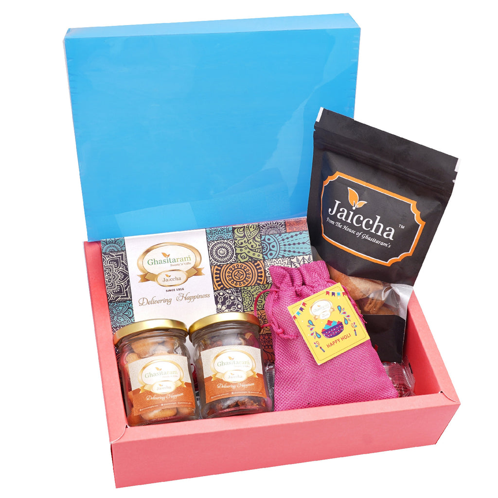 Holi- Sweets/ Holi Hampers/ Thandai Pink Hamper box of Gujiyas, Samosa, Thandai, Banarsi Paan and Crunchy Cashews