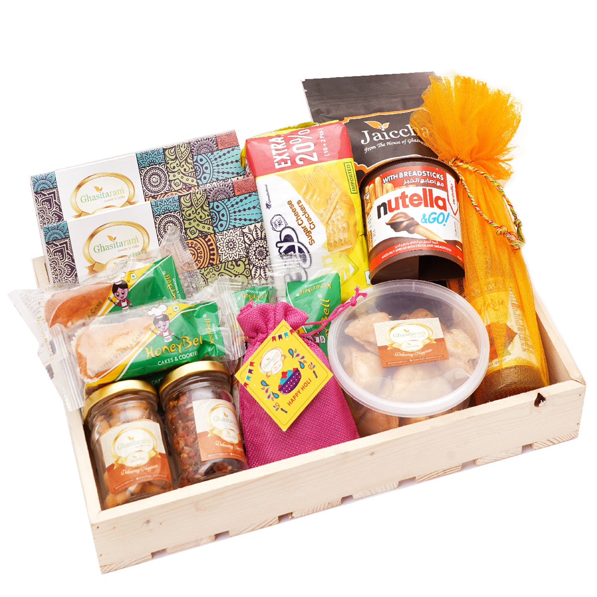 Light Wooden basket of 15 Holi Goodies