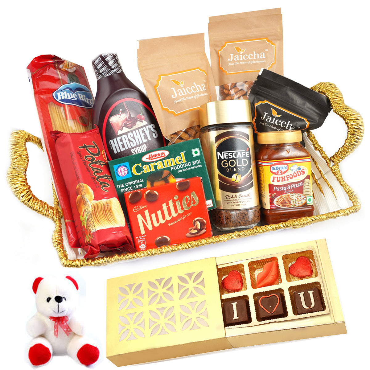 Valentine Gifts-Basket of 10 Goodies With Teddy and Chocolate box