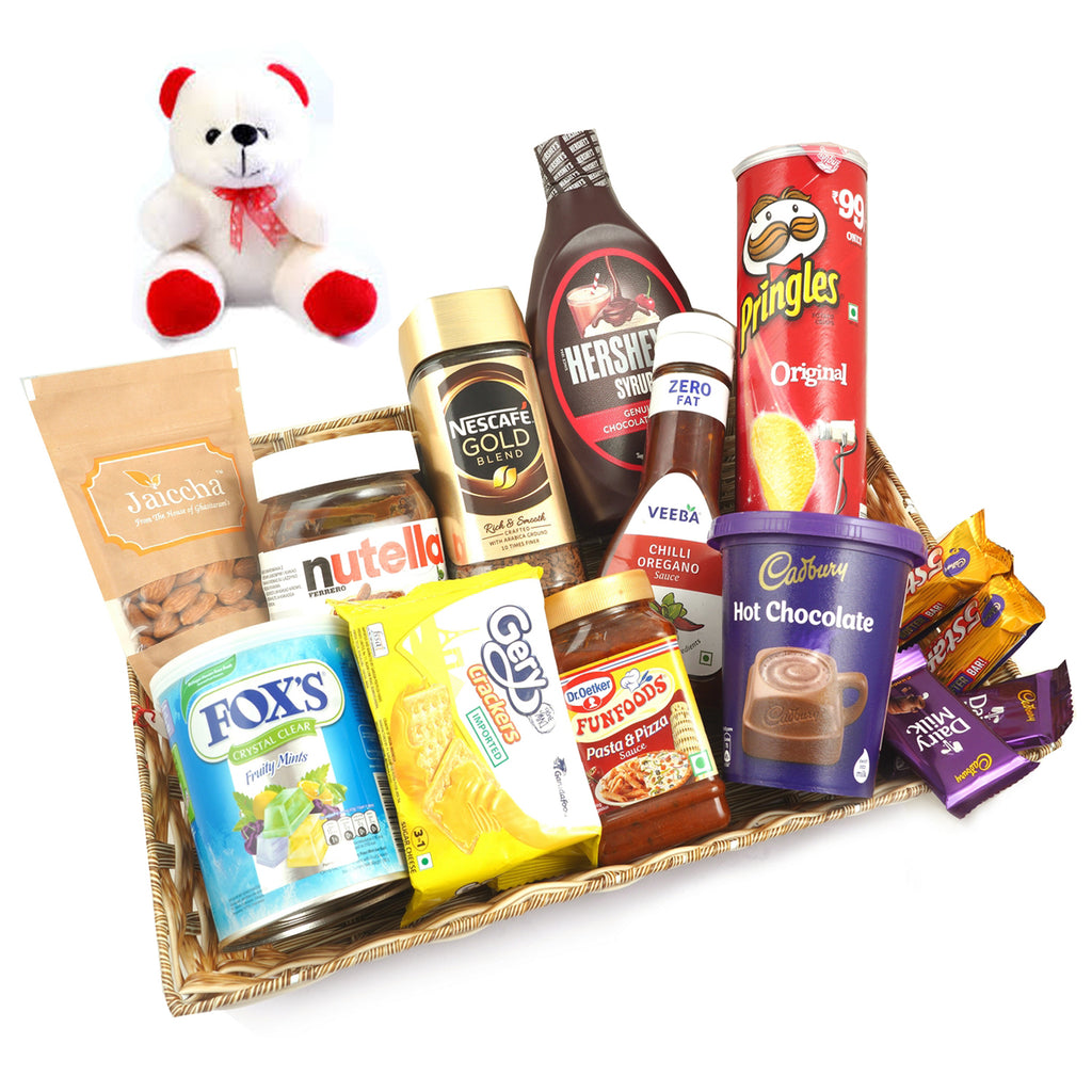 Valentine Gifts-Basket of 14 Goodies With Teddy