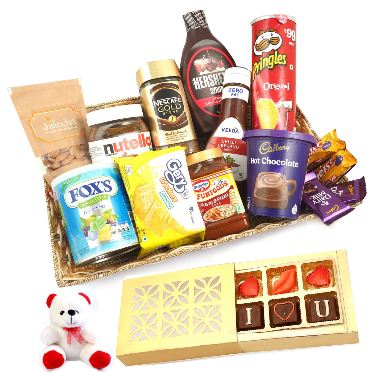 Valentine Gifts-Basket of 14 Goodies With Teddy and Chocolate box