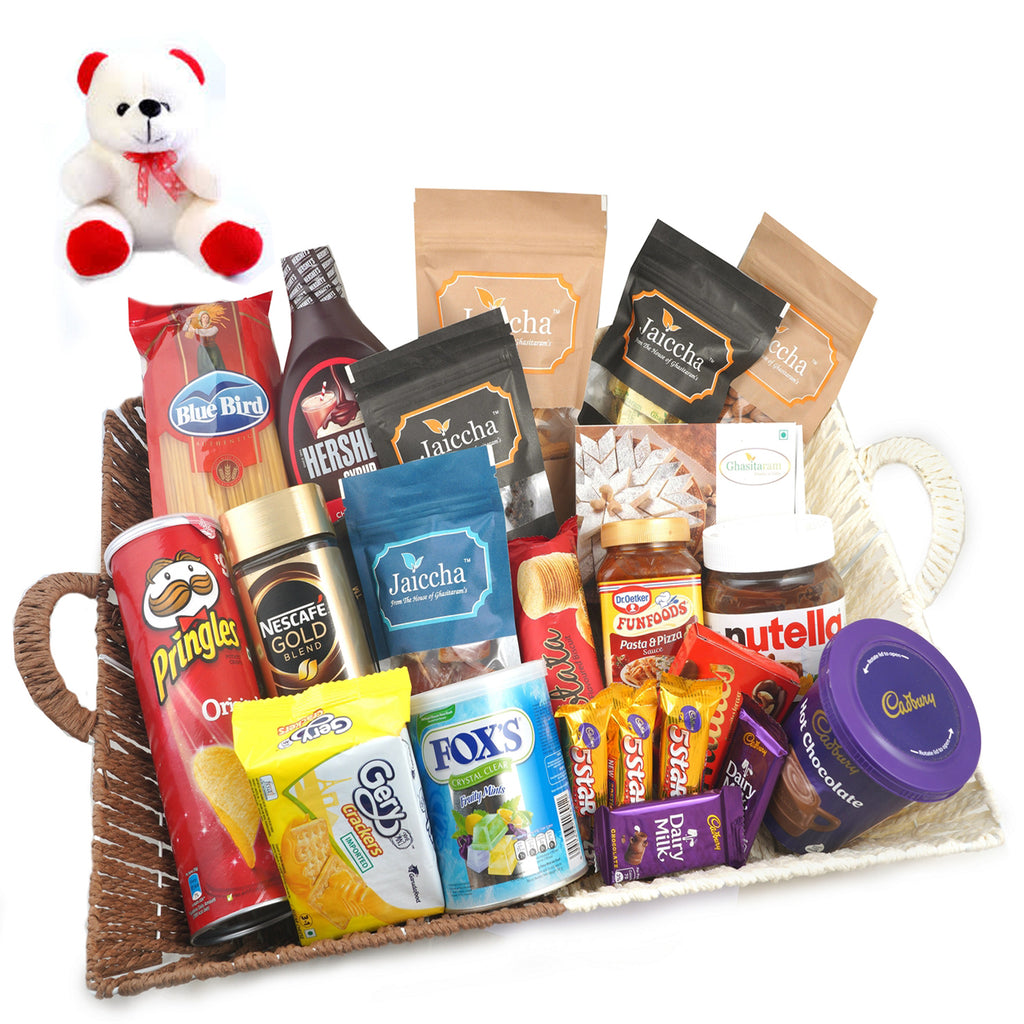 Valentine Gifts-Basket of 21 Goodies With Teddy