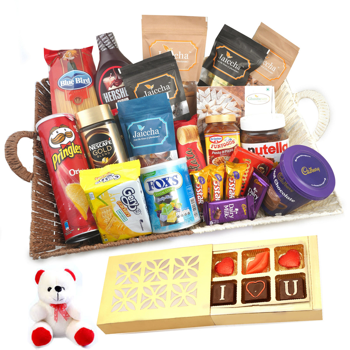 Valentine Gifts-Basket of 21 Goodies With Teddy and Chocolate box