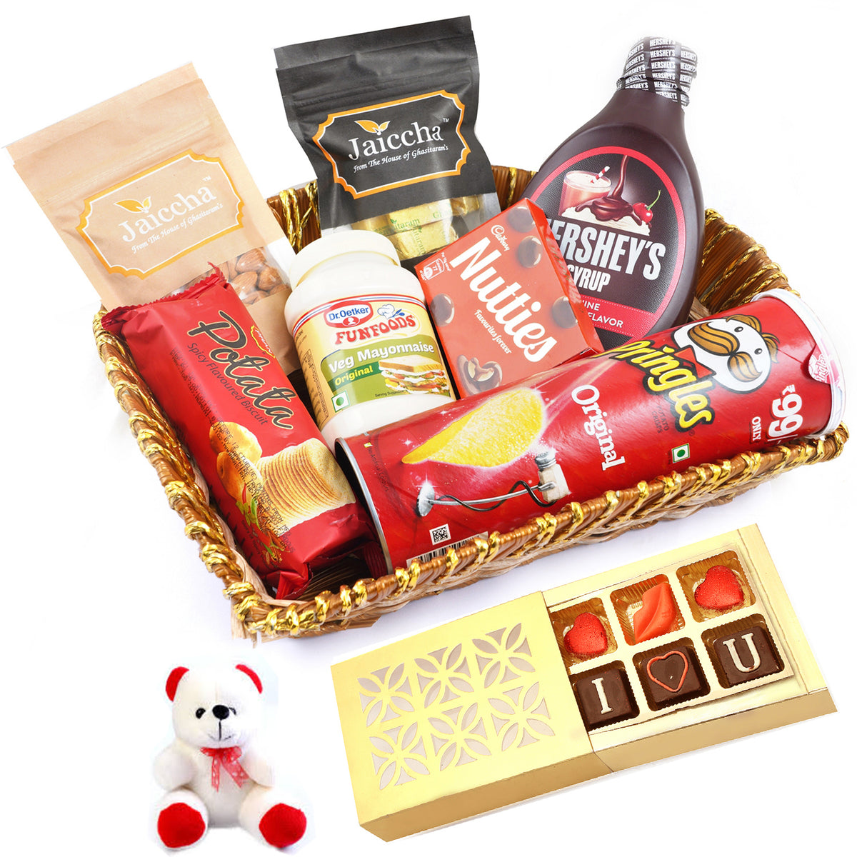 Valentine Gifts-Basket of 7 Goodies With Teddy and Chocolate box