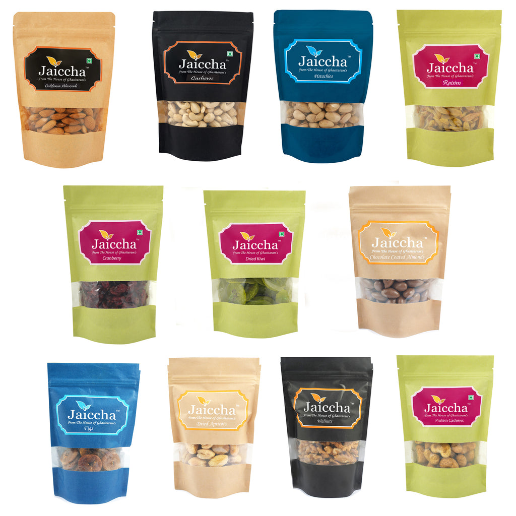 Pack of 11 dryfruits Cashews, Almonds, Raisins, Pistachios, Figs , Dried Apricots, Walnuts, Protein Cashews, Chooclate Coated Almonds, Kiwi and Cranberry