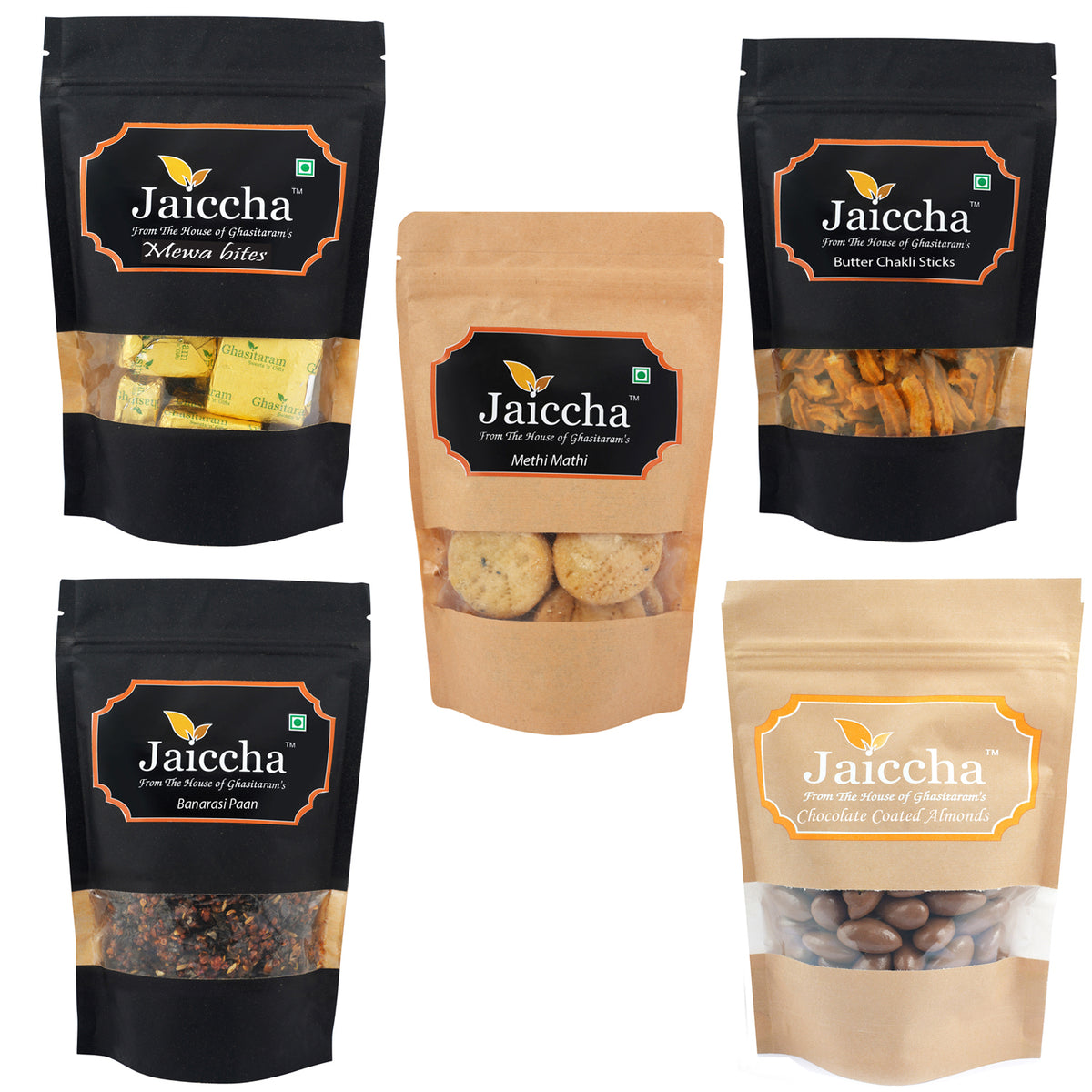 Best of 5 Mewa Bites, Butter Chakli Sticks, Methi Mathi, Banarsi Paan and Chocolate Coated Almonds