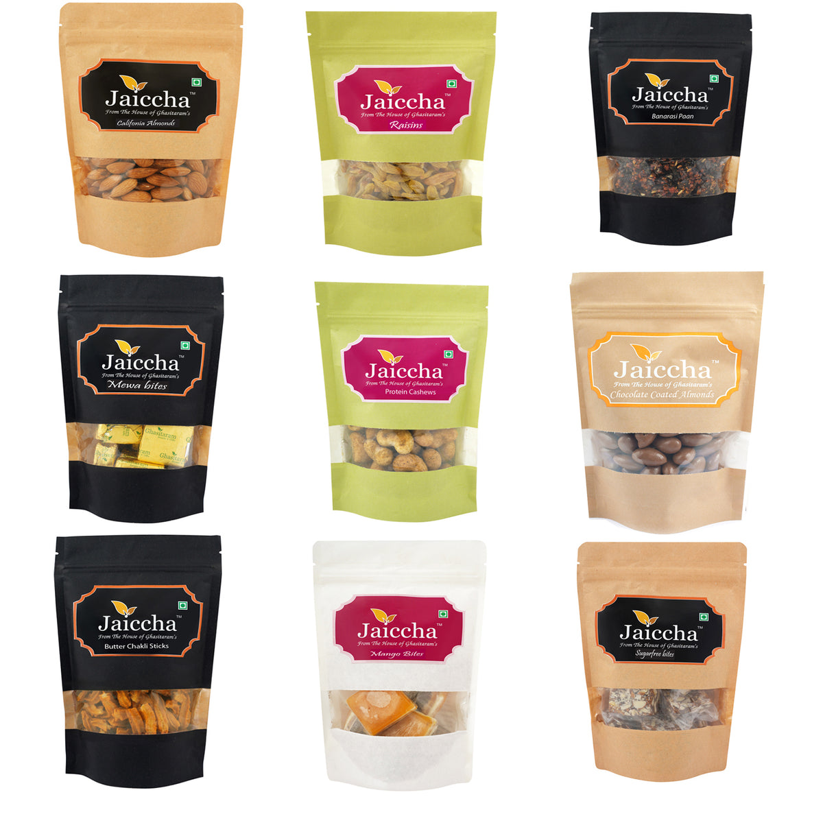 Best 9 Almonds, Raisins, Banarsi Paan, Mewa Bites, Crunchy Cashews, Chocolate Coated Almonds, Butter Chakli Sticks, Mango Bites and Sugarfree Bites