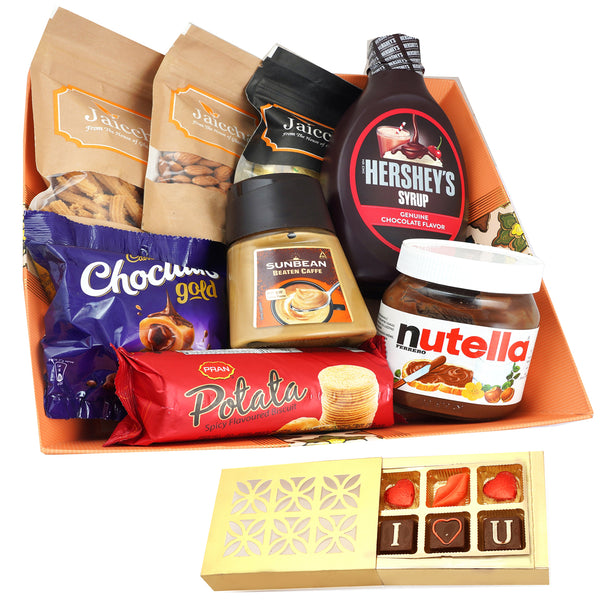 Valentine Gifts-Big Basket of 8 Goodies With Chocolate box