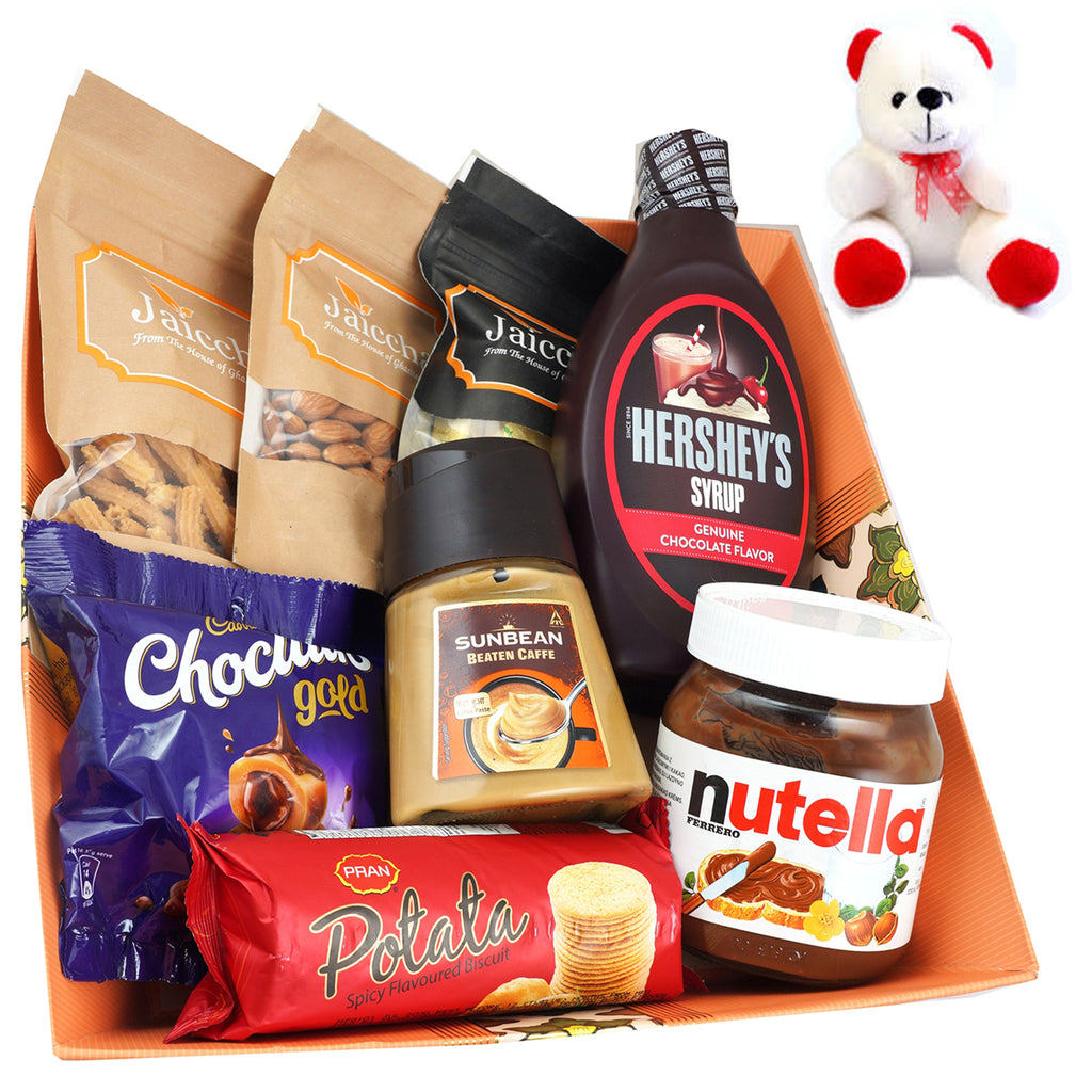 Valentine Gifts-Big Basket of 8 Goodies With Teddy