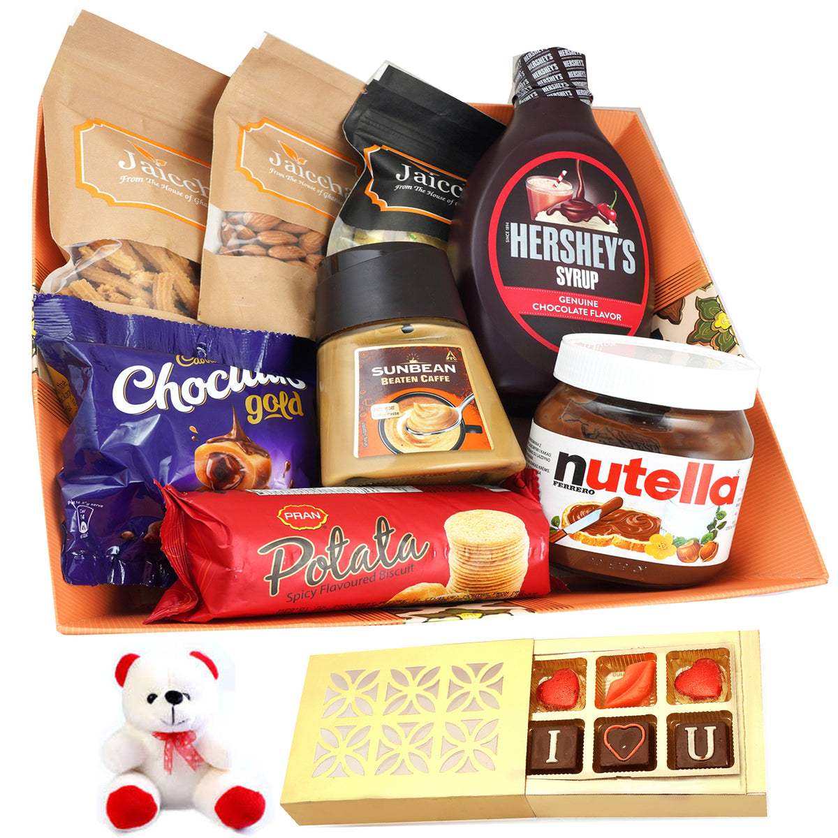 Valentine Gifts-Big Basket of 8 Goodies With Teddy and Chocolate box
