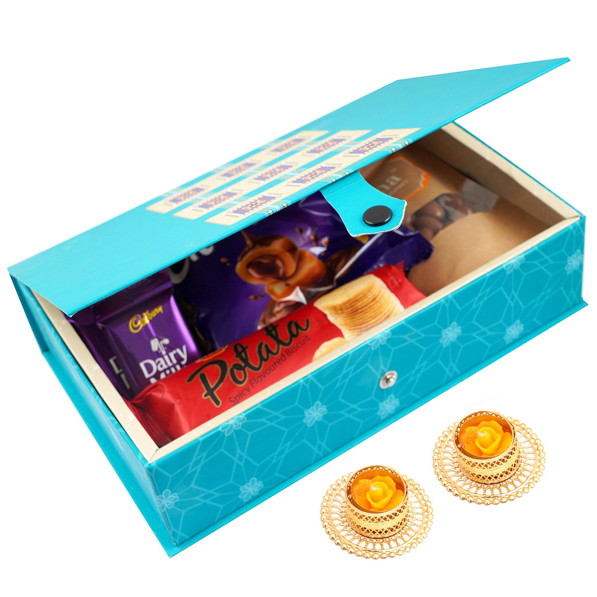 Blue Rectangular box of Dairy Milk , Eclairs, 5 star, Chocolate Almonds, Potata Biscuits and 2 T-Lites 