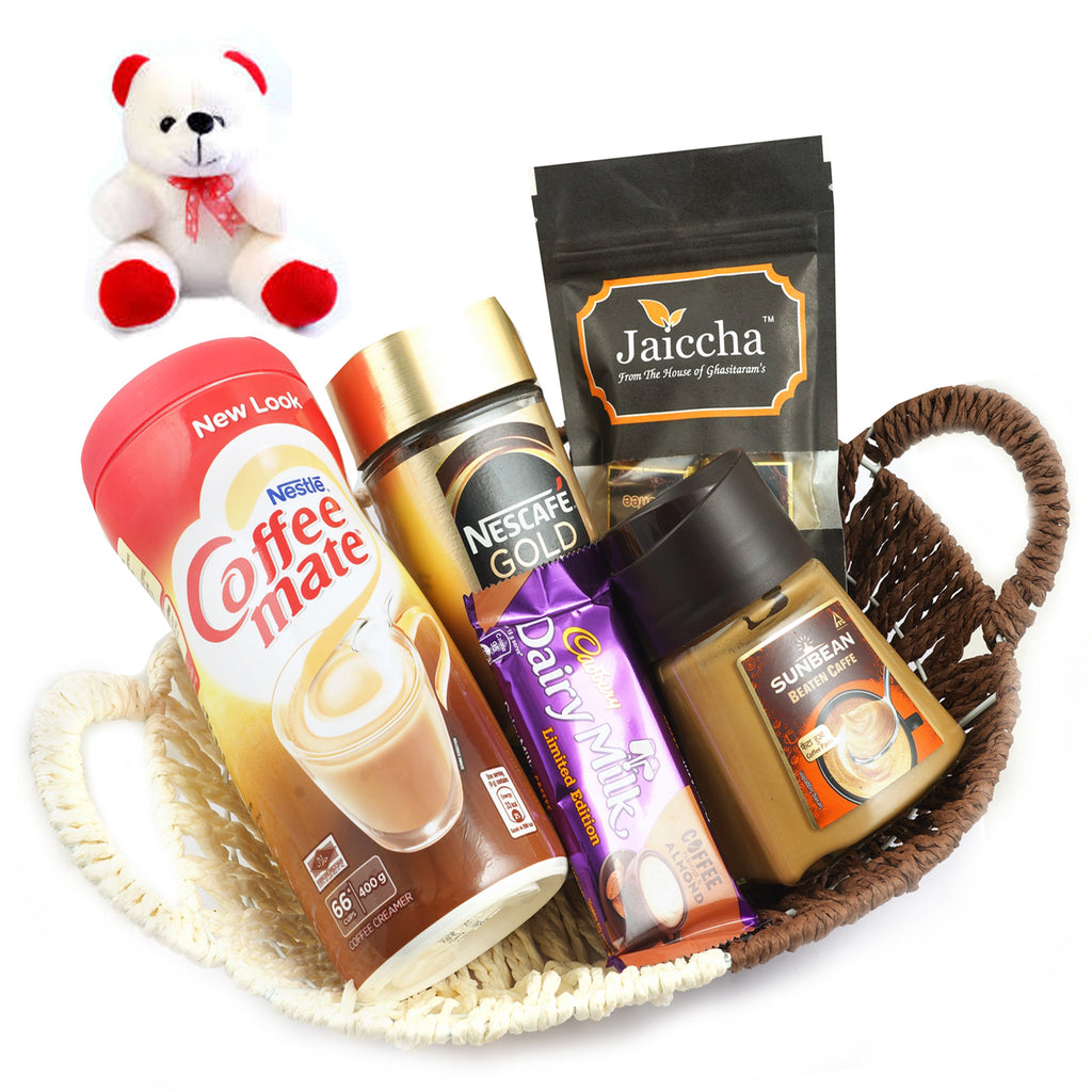 Valentine Gifts-Basket For Coffee Lovers With Teddy