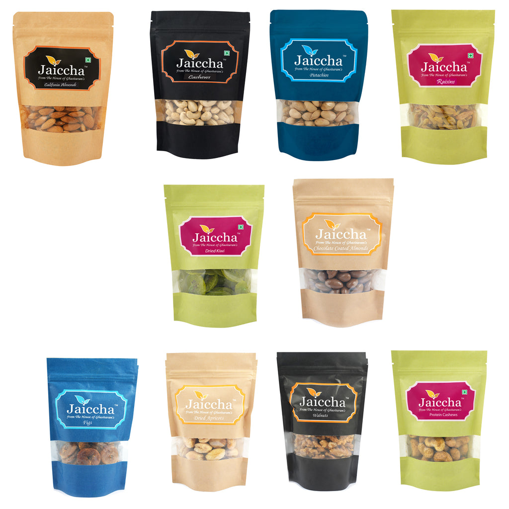 Pack of 10 dryfruits Cashews, Almonds, Raisins, Pistachios, Figs , Dried Apricots, Walnuts, Protein Cashews, Chooclate Coated Almonds and Kiwi