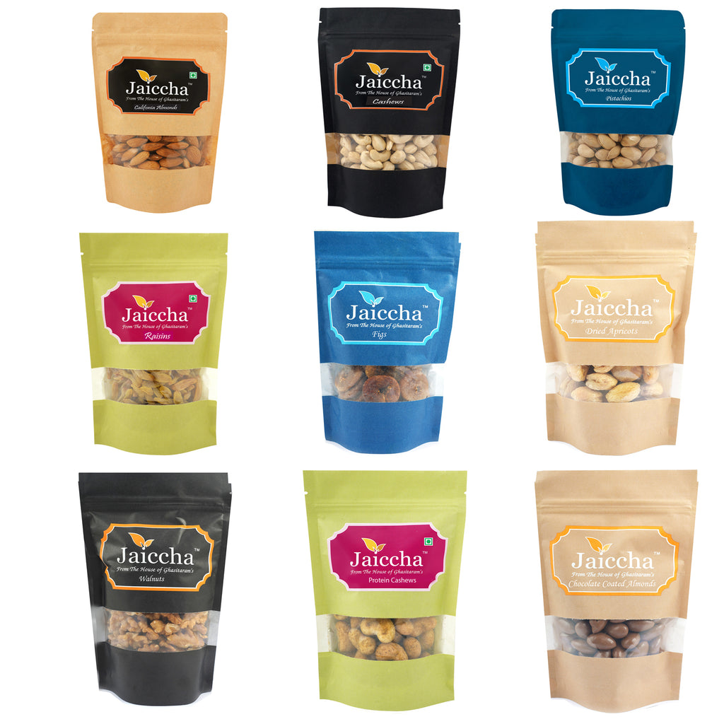 Best of 9 Dryfruits Cashews, Almonds, Raisins, Pistachios, Figs , Dried Apricots, Walnuts, Crunchy Cashews and Chooclate Coated Almonds