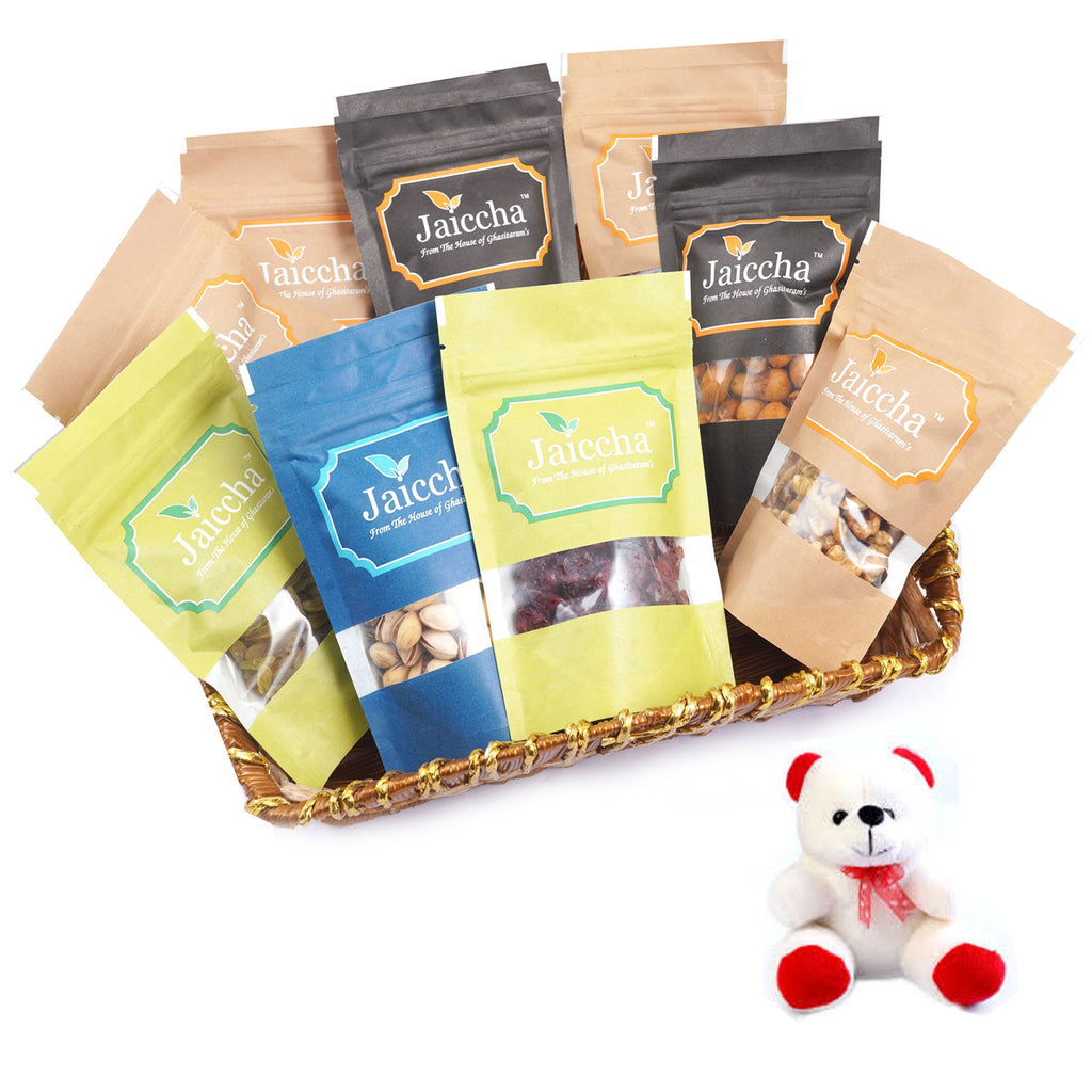 Valentine Gifts-Basket of 9 Heavenly Dryfruits  With Teddy