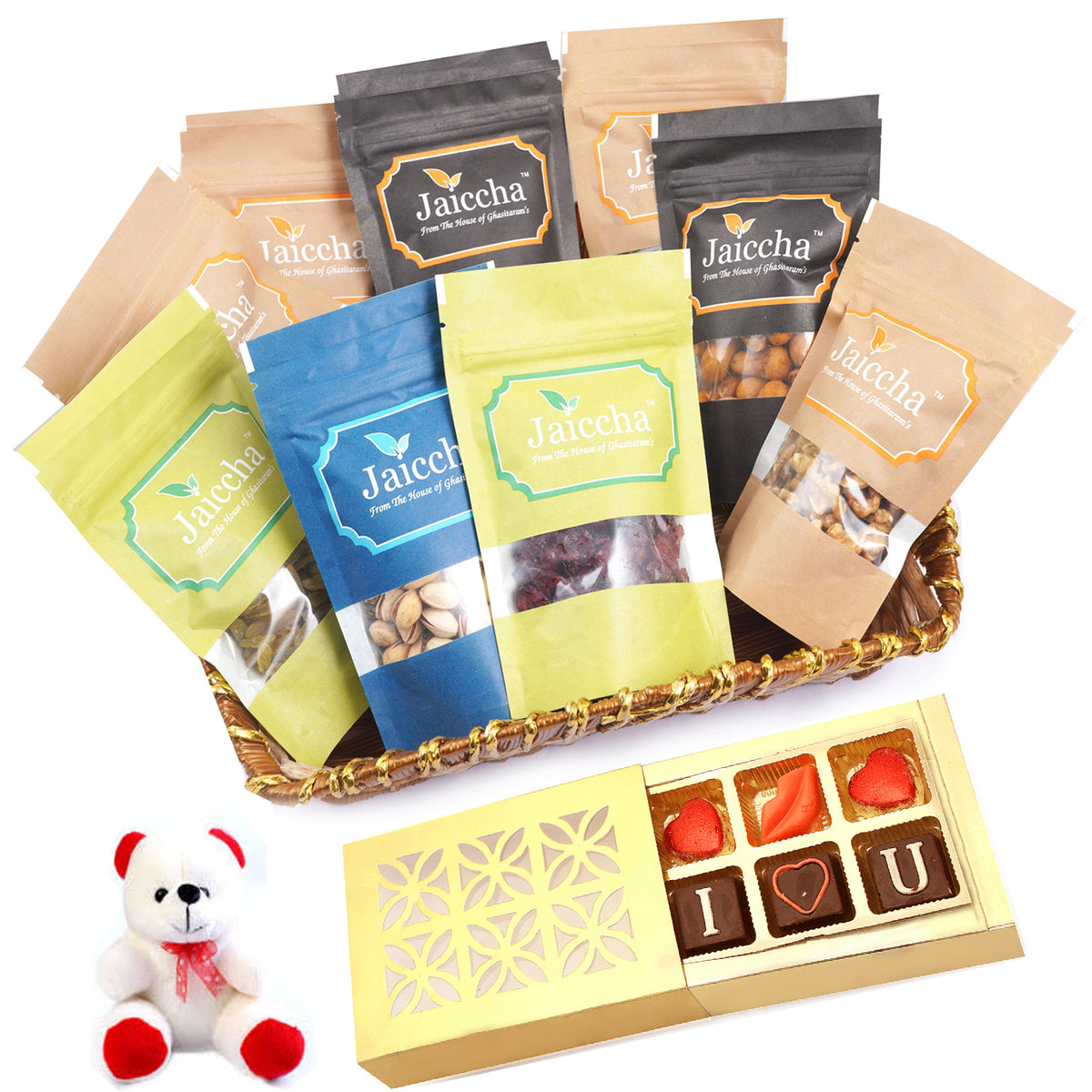 Valentine Gifts-Basket of 9 Heavenly Dryfruits  With Teddy and Chocolate box