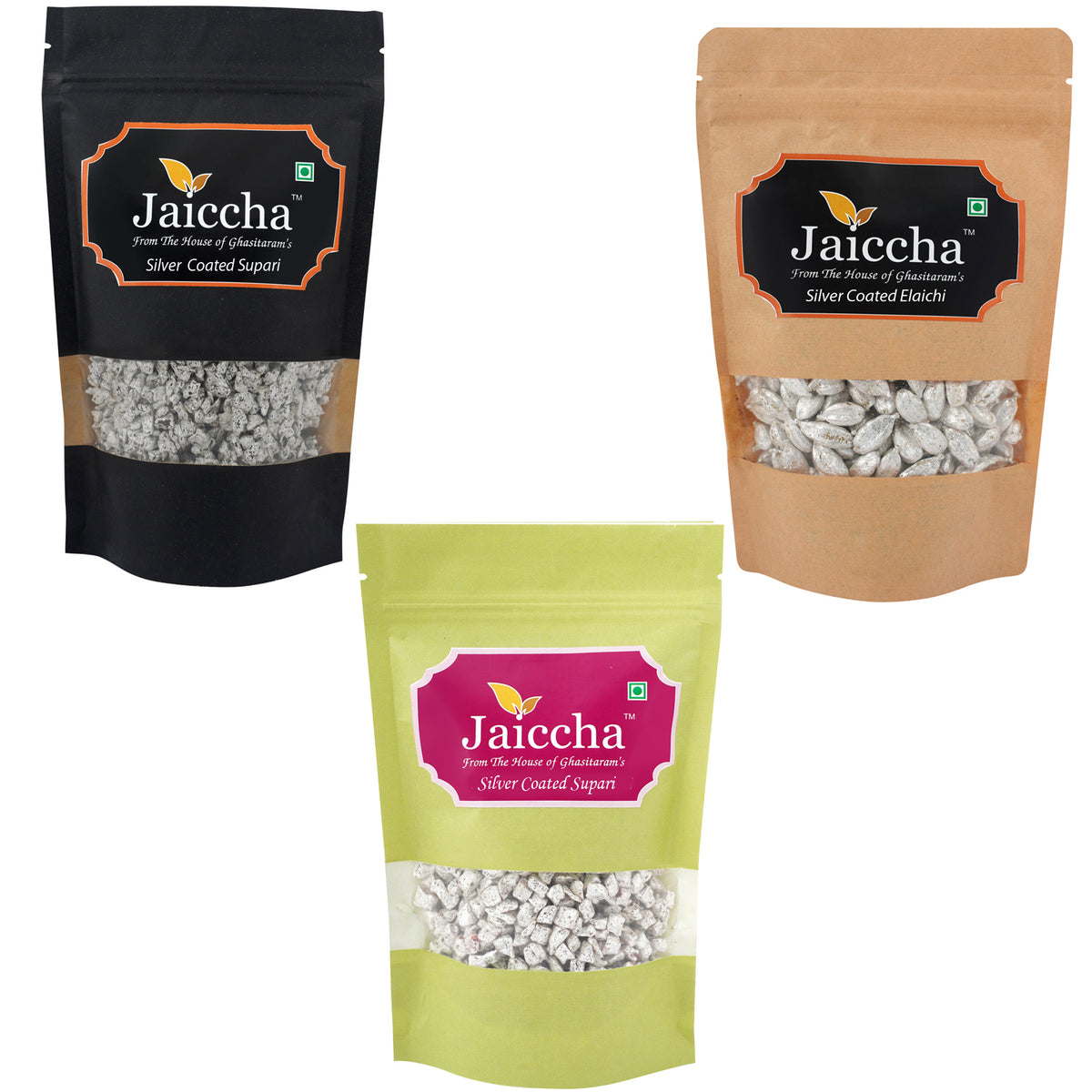Pack of 3 silver coated Elaichi, Soft Supari and Rasili 600 gms