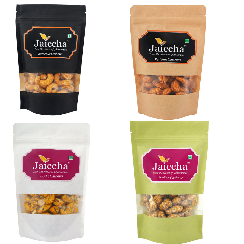 Pack of 4 Garlic, Peri Peri, Pudina, Barbeque Cashews Pouches Small 400 gms