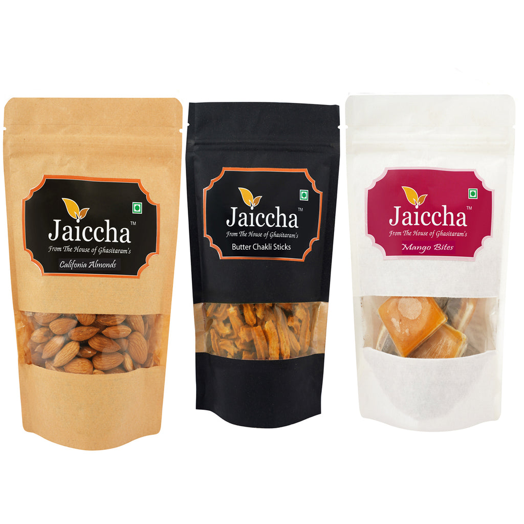  Best of 3 Mango Bites 200 gms, Butter Chakli Sticks 100 gms Pouch and Almonds 100 gms Pouch