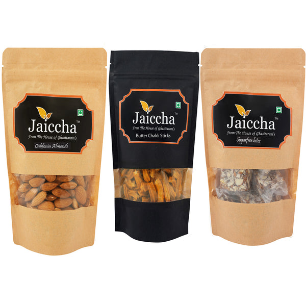  Best of 3 Suagrfree Bites 200 gms, Butter Chakli Sticks 100 gms Pouch and Almonds 100 gms Pouch