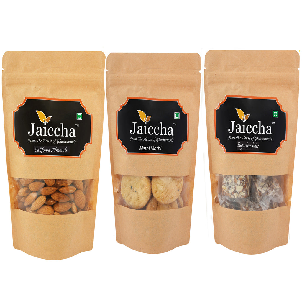  Best of 3 Suagrfree Bites 200 gms, Methi Mathi 150 gms Pouch and Almonds 100 gms Pouch