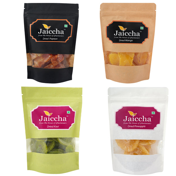 Pack of 4 Dried Kiwi, Pineapple, Papaya, Mango Pouches Small 400 gms