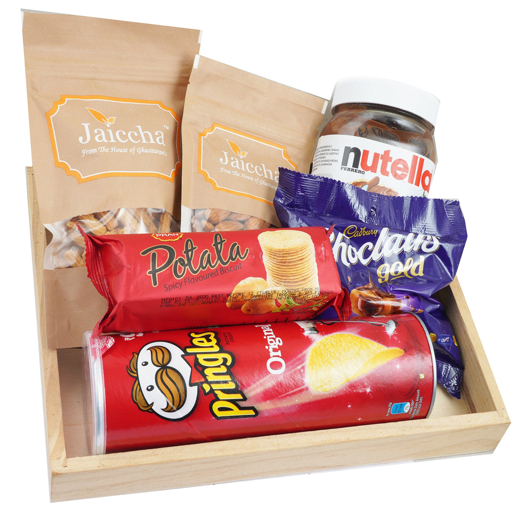 Light Wood Tray of Almonds,Nutellla, Butter Chakli, Eclairs, Potata and Pringles 