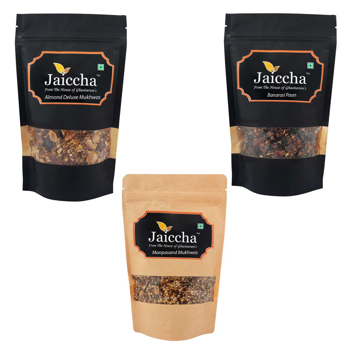 Pack of 3 Manpasand, Almond Delux Mukhwas and Banarasi Paan Pouches 600 gms