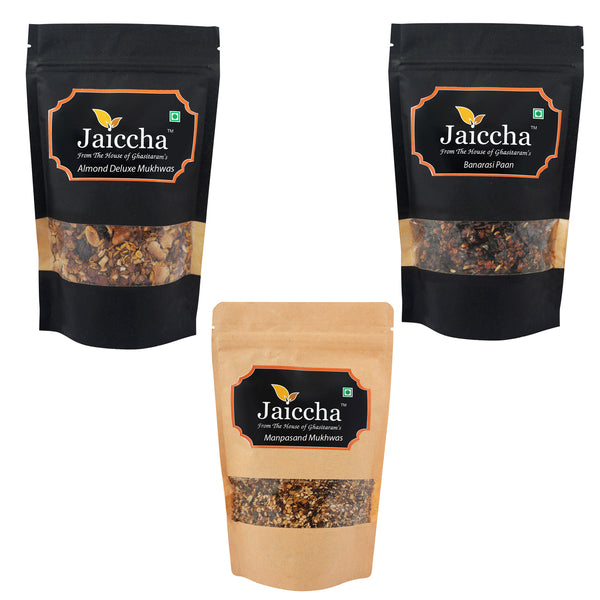 Pack of 3 Manpasand, Almond Delux Mukhwas and Banarasi Paan Pouches 600 gms