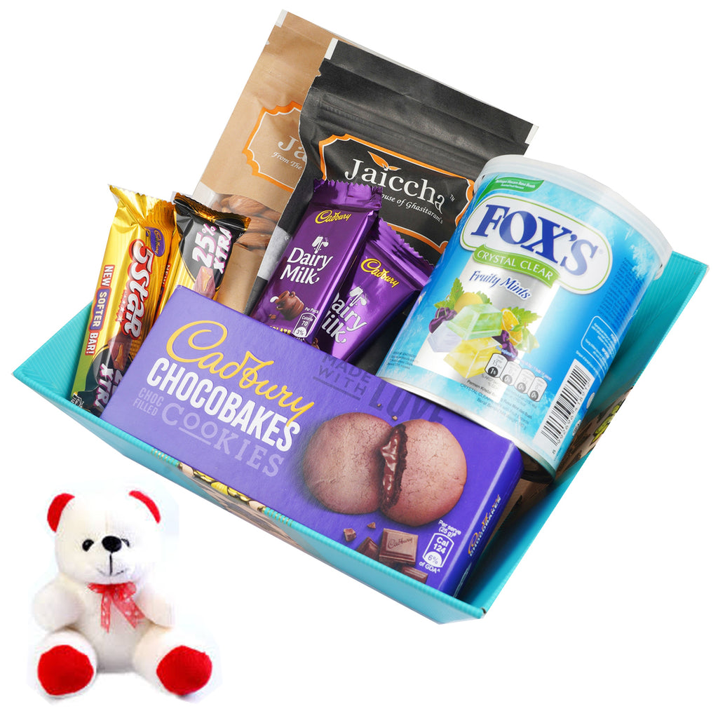 Valentine Gifts-Medium Basket of 8 Goodies With Teddy