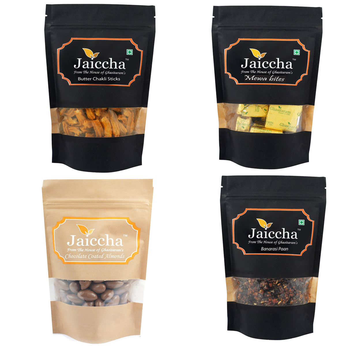 Best of 4 Mewa Bites, Butter Chakli Sticks, Banarsi Paan and Chocolate Coated Almonds