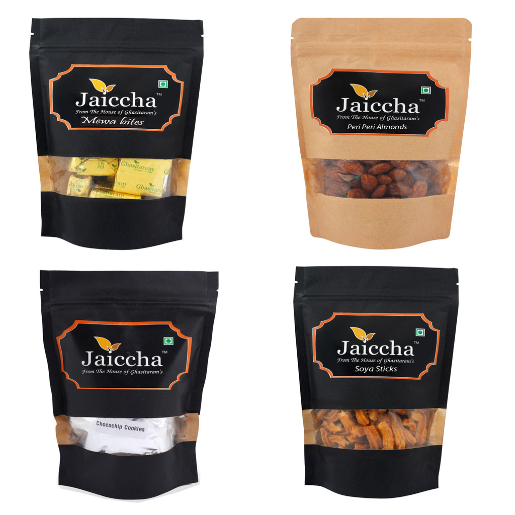 Best of 4 MEWA Bites Pouch,Coin Biscuits; SOYA Sticks Pouch; Peri Peri Almonds Pouch