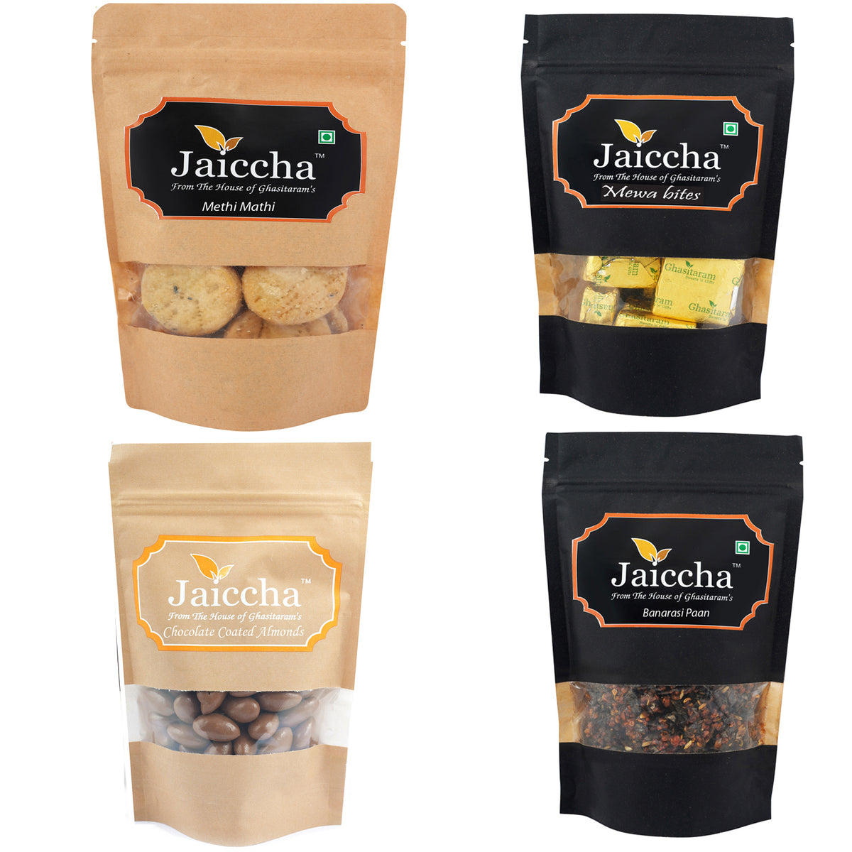 Best of 4 Mewa Bites, Methi Mathi, Banarsi Paan and Chocolate Coated Almonds