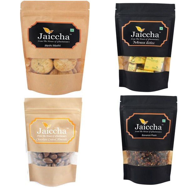 Best of 4 Mewa Bites, Methi Mathi, Banarsi Paan and Chocolate Coated Almonds