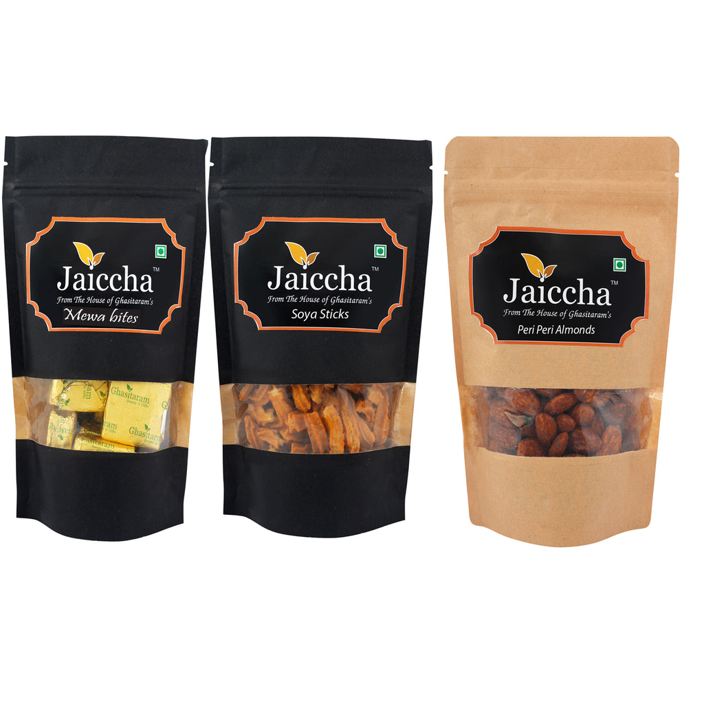 Best of 3 Mewa Bites Pouch, Soya Sticks Pouch and Peri Peri Almonds Pouch