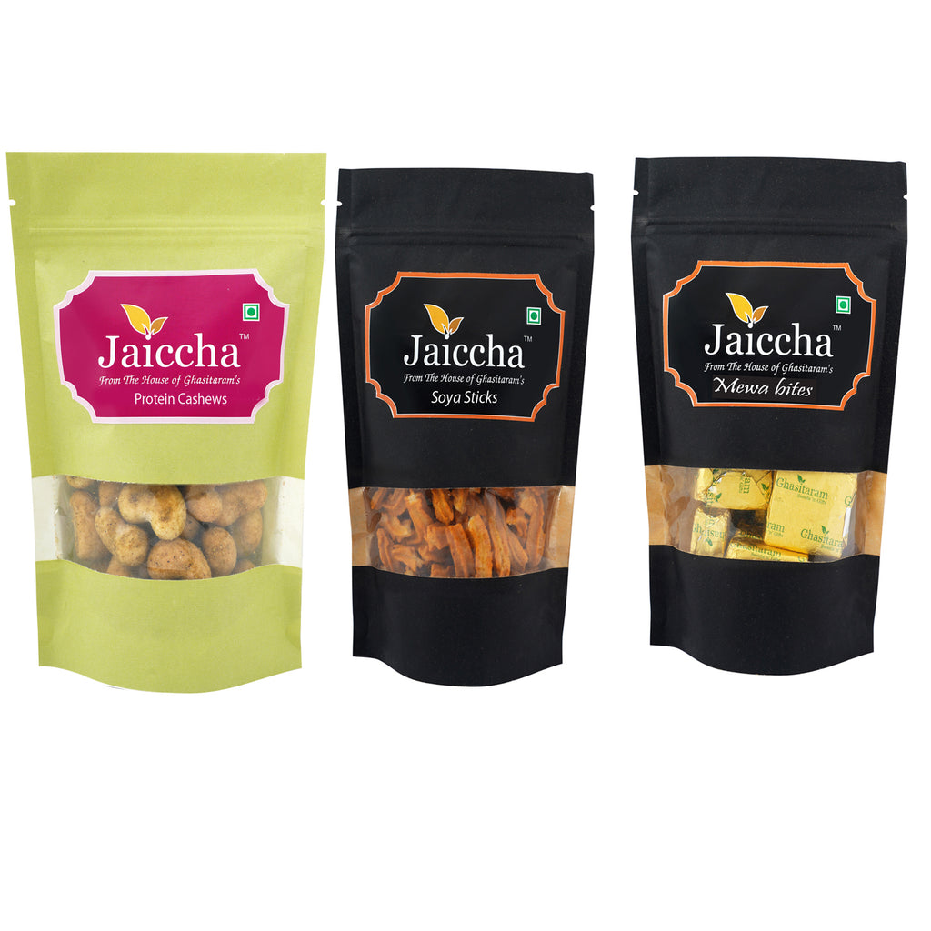 Best of 3 Mewa Bites Pouch, Soya Sticks Pouch and Crunchy Coated Cashews  Pouch