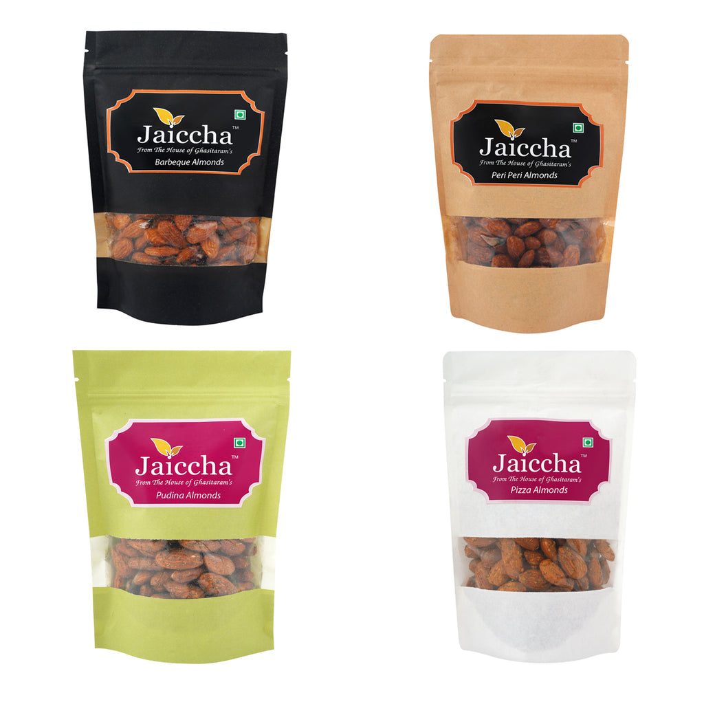 Pack of 4 Pizza, Peri Peri, Pudina, Barbeque Almonds Pouches Small 400 gms