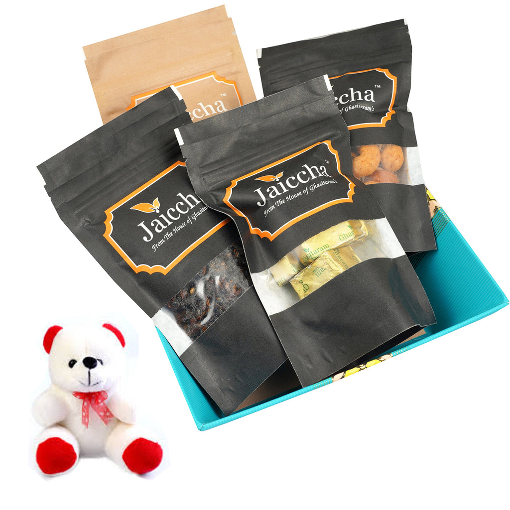 Valentine Gifts-Small basket of Almonds, Banarsi Paan, Mewa Bites and Protein Cashews With Teddy