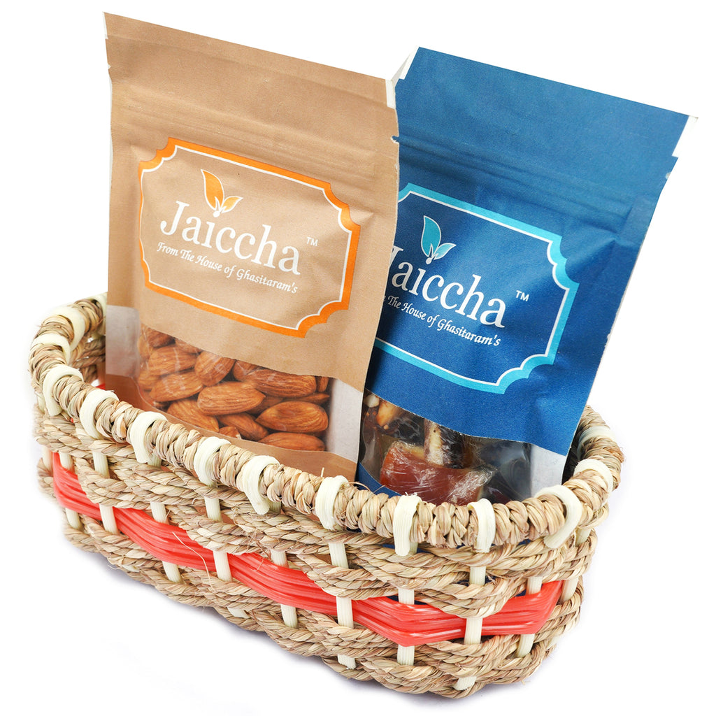 Small Jute Basket of Assorted Bites and Almonds Pouches