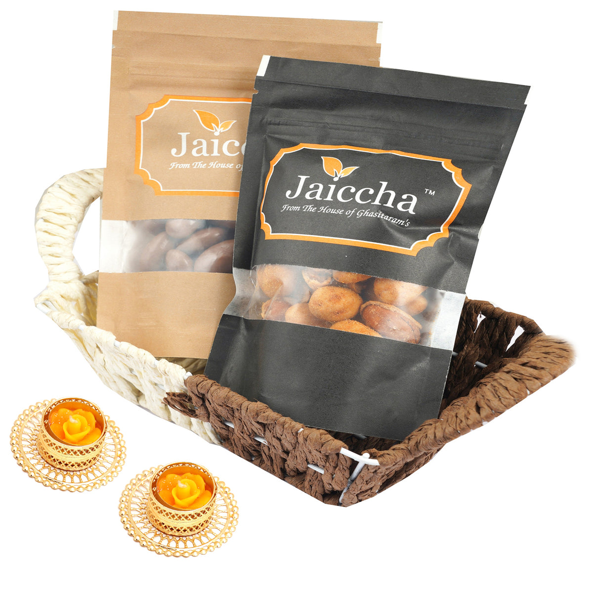 Small Metal Brown of Crunchy Coated Cashews  and Chocolate Almonds  With 2 t-lites