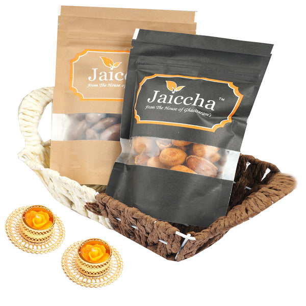 Small Metal Brown of Crunchy Coated Cashews  and Chocolate Almonds  With 2 t-lites