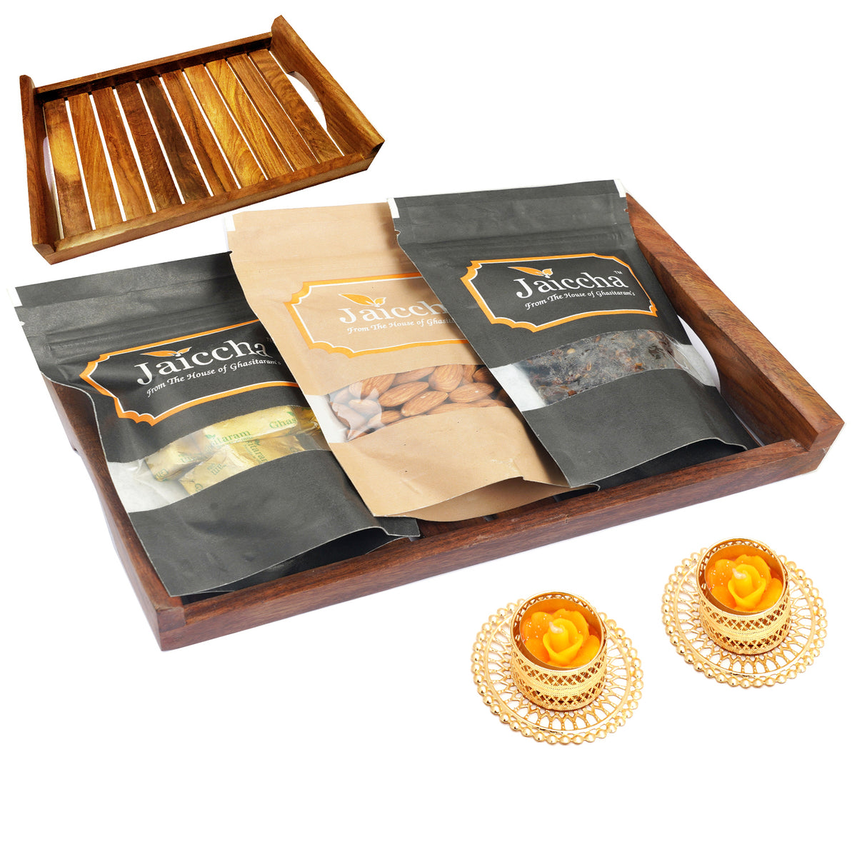Striped Wooden Tray of Almonds, Mewa Bites and Banarsi Paan With 2 t-lites