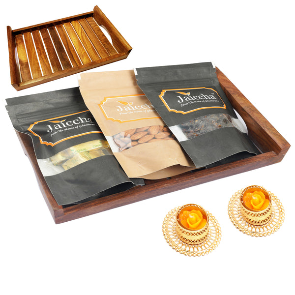 Striped Wooden Tray of Almonds, Mewa Bites and Banarsi Paan With 2 t-lites