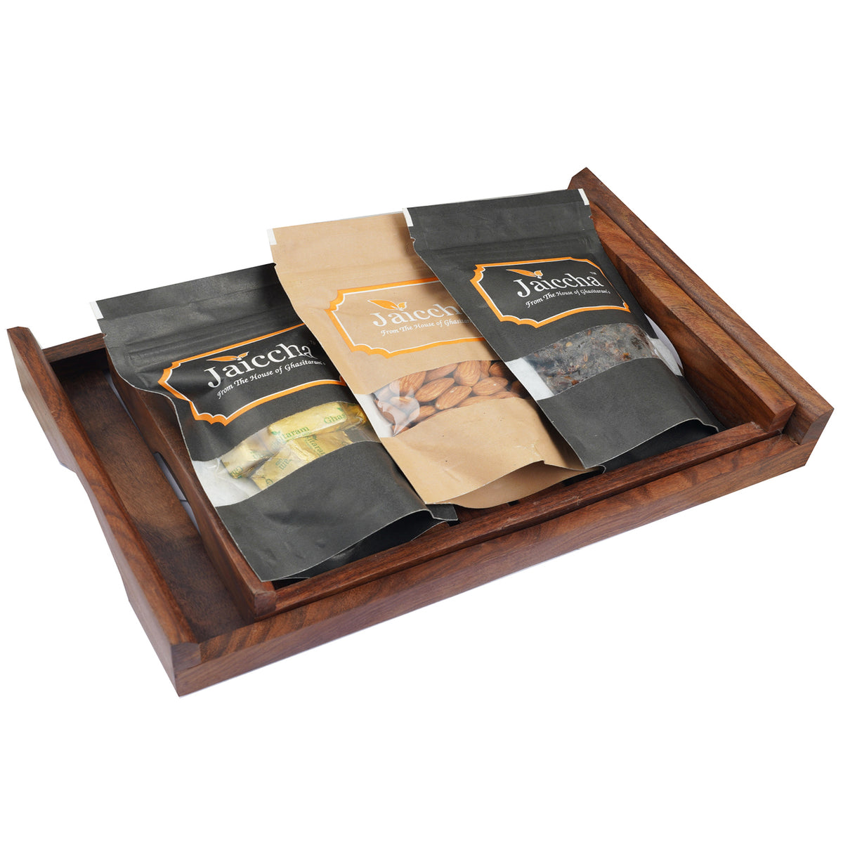 Set of 2 Striped Wooden Trays of Almonds, Mewa Bites and Banarsi Paan.
