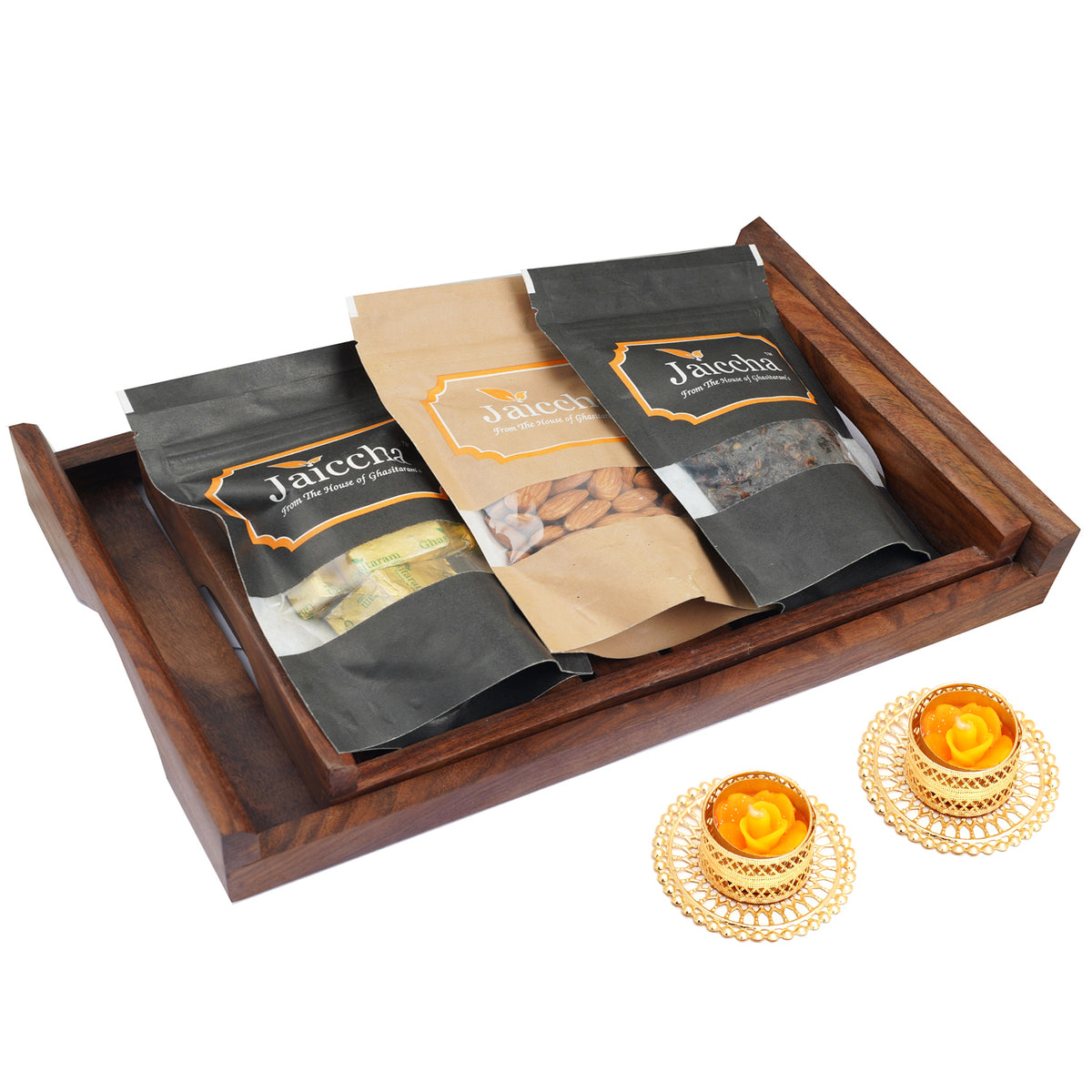 Set of 2 Striped Wooden Trays of Almonds, Mewa Bites and Banarsi Paan. With 2 t-lites