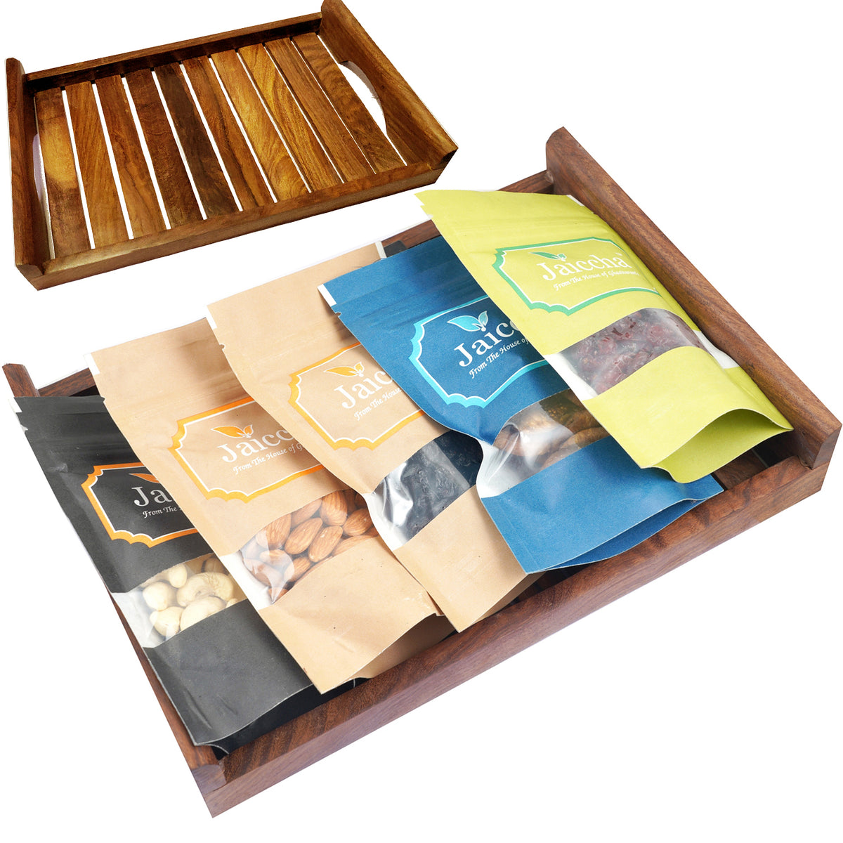 Striped Big Wooden Tray of Almonds, Cashews, Cranberry, Blueberry and Figs