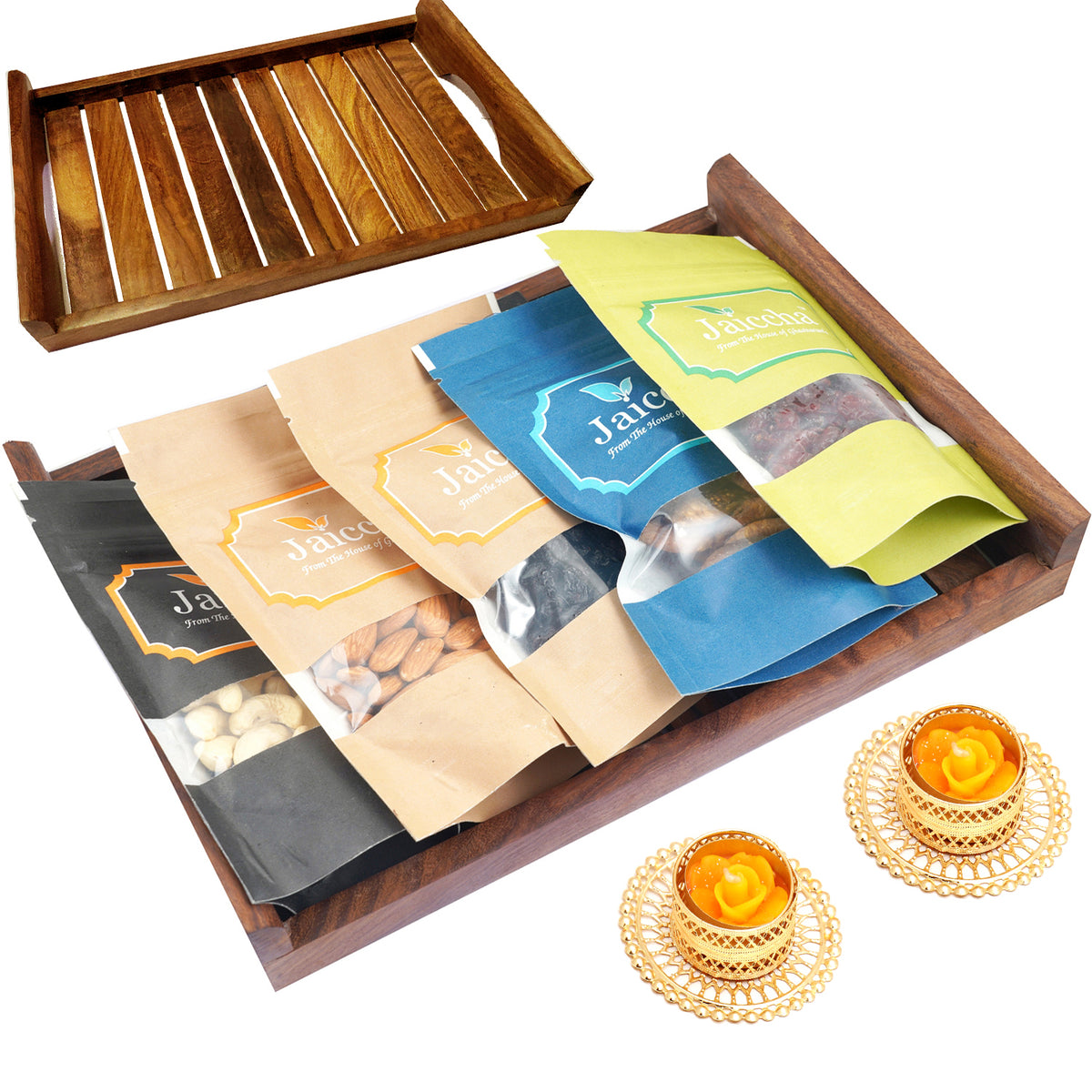 Striped Big Wooden Tray of Almonds, Cashews, Cranberry, Blueberry and Figs With 2 t-lites